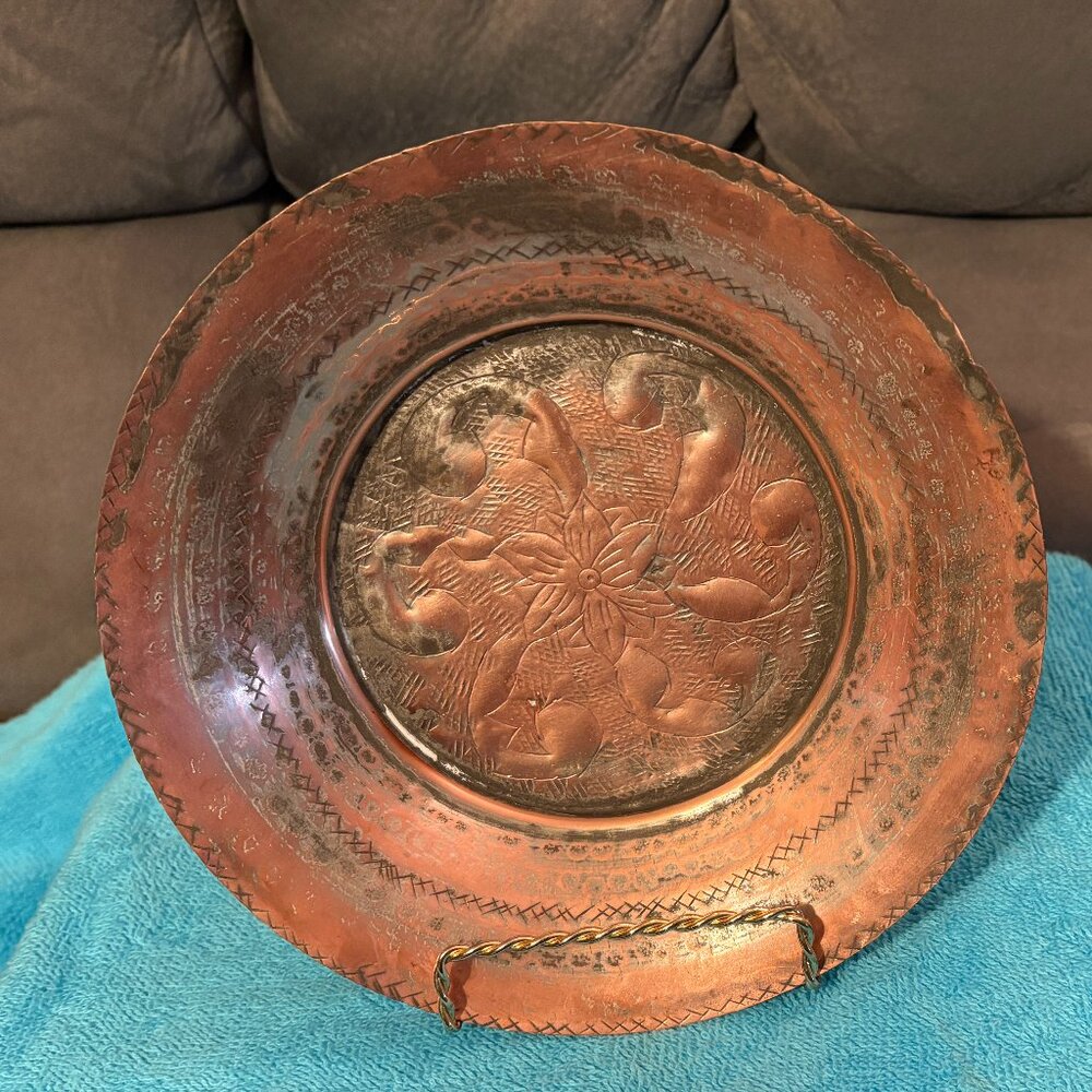Antique 19th Cent. Middle Eastern Wall Plate/Serving Tray-Hammered Copper-8.5"D